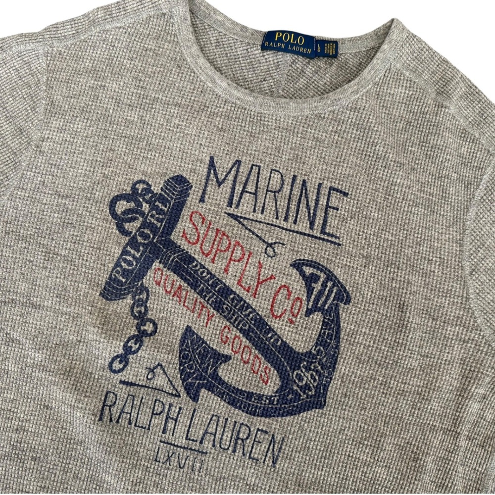 Polo Ralph Lauren Mens Grey Waffle Knit Thermal Marine Supply Co Anchor Shirt L‎